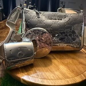 Michael Kors Shiny Silver Crossbody Bag with Coin Pouch & Air Pod Case